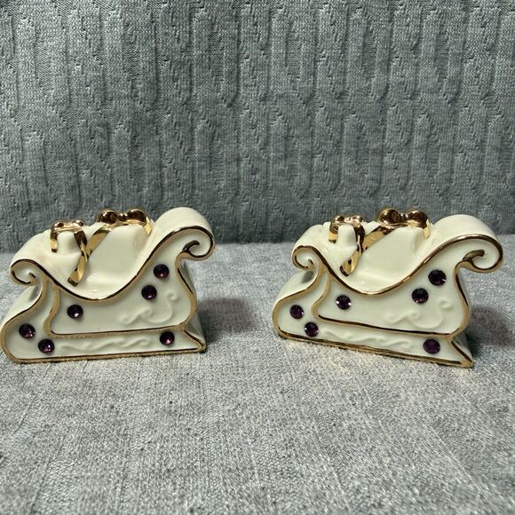Lenox Christmas Sleigh Salt Pepper Shakers Purple Crystals Bone China NEW - Picture 1 of 7